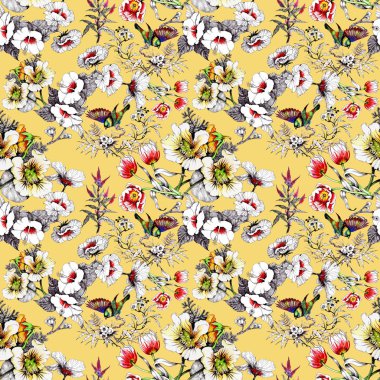 bahar çiçekleri üzerinde renkli kuşlar 