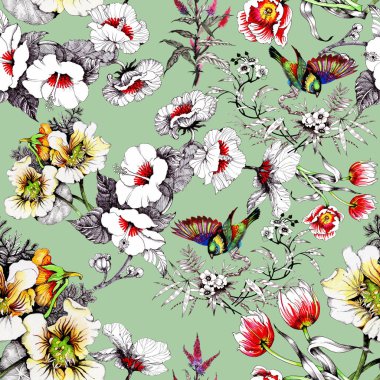 bahar çiçekleri üzerinde renkli kuşlar 