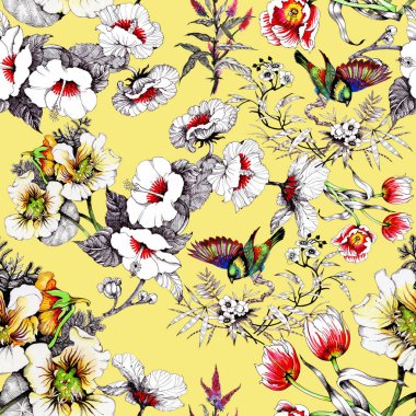 bahar çiçekleri üzerinde renkli kuşlar 