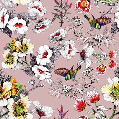 bahar çiçekleri üzerinde renkli kuşlar 