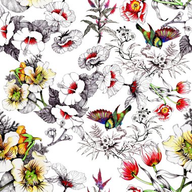 bahar çiçekleri üzerinde renkli kuşlar 