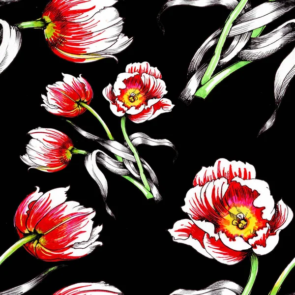 Seamless Pattern Beautiful Colorful Tulips — Stock Photo, Image