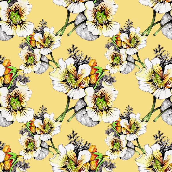 Patrón Acuarela Con Hermosas Flores Blanco Amarillas —  Fotos de Stock
