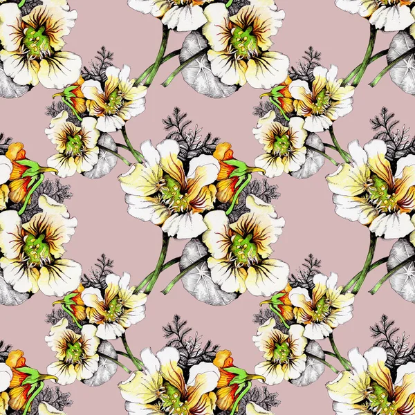 Güzel beyaz-sarı çiçekli suluboya desen