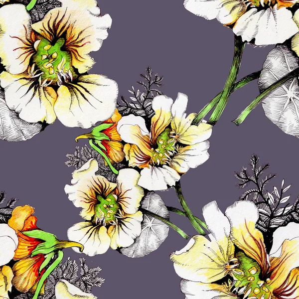 Güzel beyaz-sarı çiçekli suluboya desen