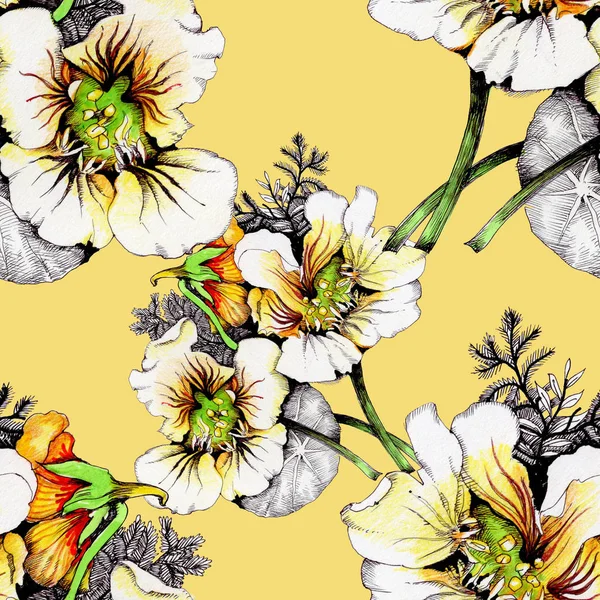 Ακουαρέλα Μοτίβο Όμορφα Λουλούδια Λευκό Κίτρινο — Φωτογραφία Αρχείου