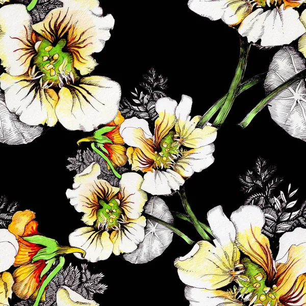 Güzel beyaz-sarı çiçekli suluboya desen