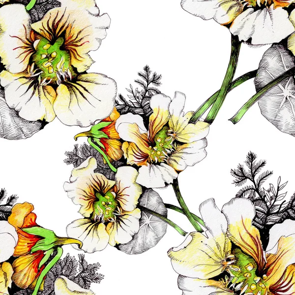 Güzel beyaz-sarı çiçekli suluboya desen