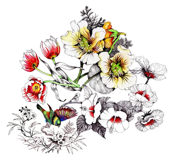 Ακουαρέλα Πουλί Στα Κλαδιά Των Άγριων Λουλουδιών Και Τριαντάφυλλα Λευκό — Φωτογραφία Αρχείου