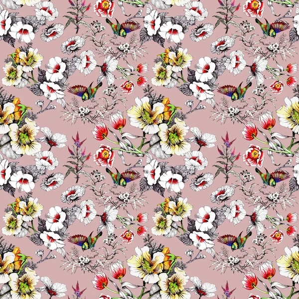 bahar çiçekleri üzerinde renkli kuşlar 