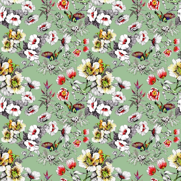 bahar çiçekleri üzerinde renkli kuşlar 