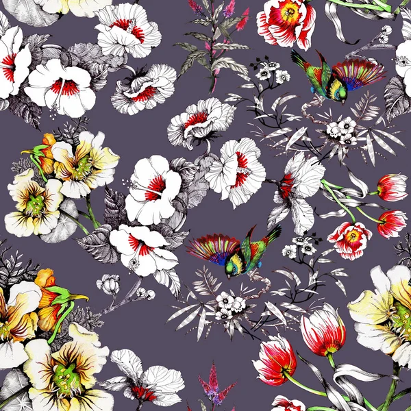 bahar çiçekleri üzerinde renkli kuşlar 