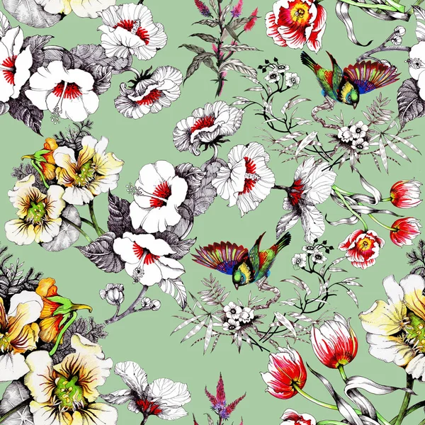 bahar çiçekleri üzerinde renkli kuşlar 