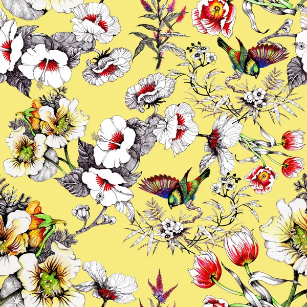 bahar çiçekleri üzerinde renkli kuşlar 