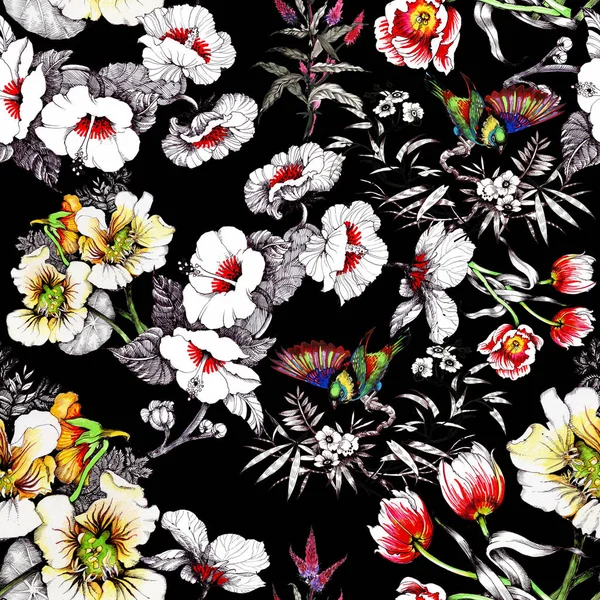 bahar çiçekleri üzerinde renkli kuşlar 