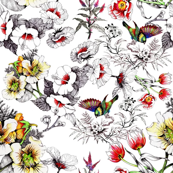 bahar çiçekleri üzerinde renkli kuşlar 