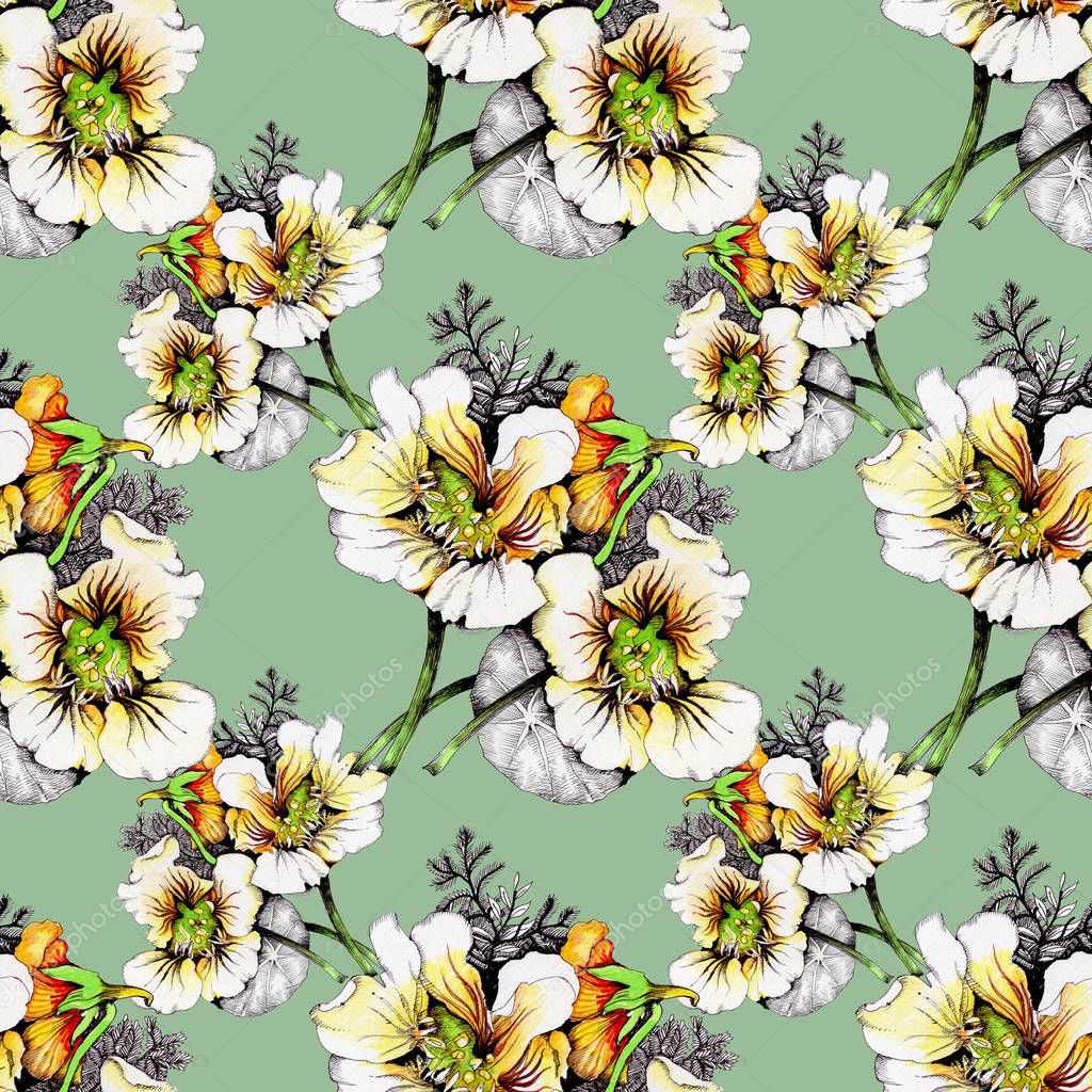 Watercolor  pattern with beautiful white-yellow  flowers