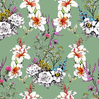  güzel renkli çiçekler ile Seamless Modeli
