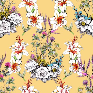  güzel renkli çiçekler ile Seamless Modeli