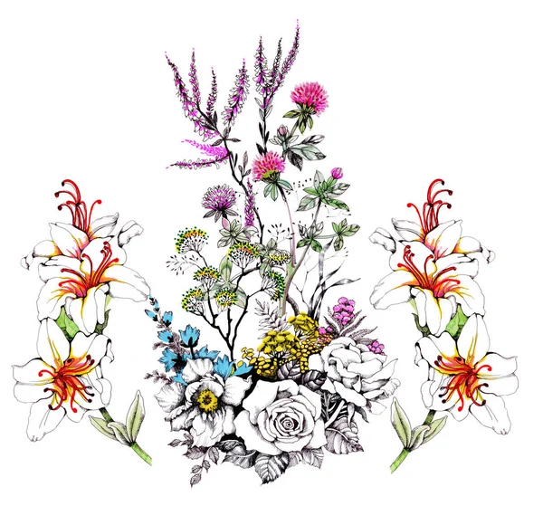Handgezeichnete Aquarellrosen Und Wildblumen — Stockfoto