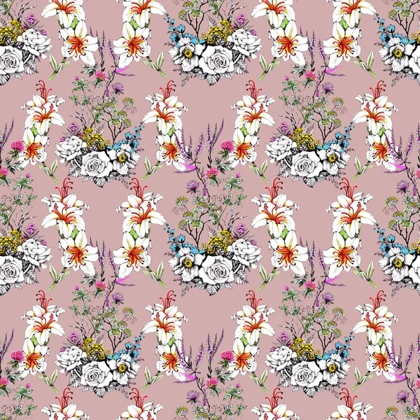 Seamless Pattern Beautiful Colorful Flowers — Stock Photo, Image