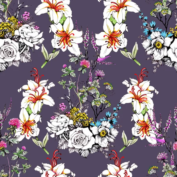 Nahtloses Muster Mit Schönen Bunten Blumen — Stockfoto
