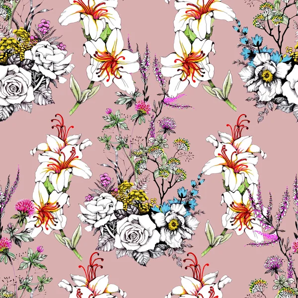 Seamless Pattern Beautiful Colorful Flowers — Stock Photo, Image