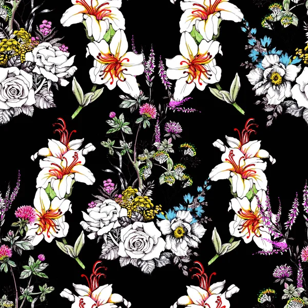Seamless Pattern Beautiful Colorful Flowers — Stock Photo, Image