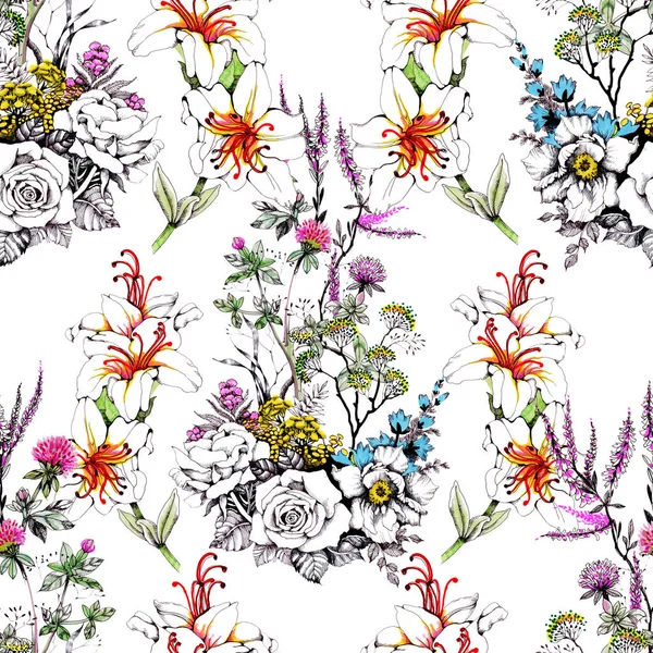 Naadloze Patroon Met Prachtige Kleurrijke Bloemen — Stockfoto