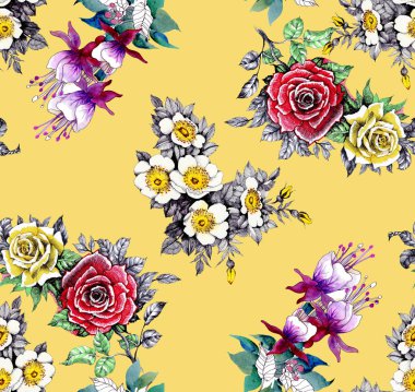 Güzel güller ve çiçekler sarı zemin üzerine suluboya seamless modeli