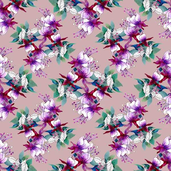 紫色の花と招待状の水彩の手描きの葉のパターン — ストック写真