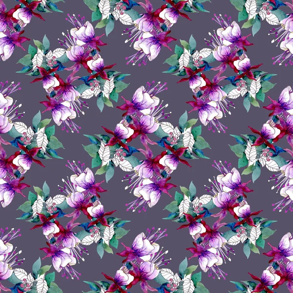 Muster Lila Blüten Und Handgezeichneten Aquarellblättern Für Einladungen — Stockfoto