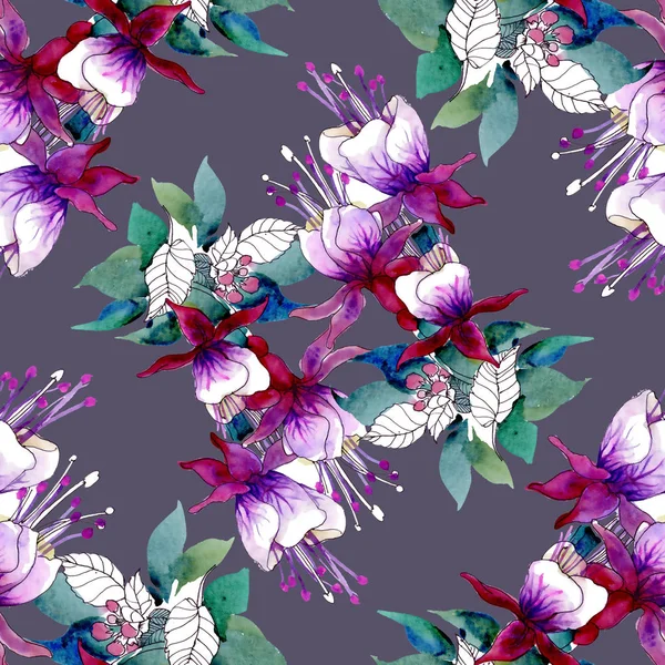 Patrón Flores Púrpura Hojas Dibujadas Mano Acuarela Para Invitaciones —  Fotos de Stock
