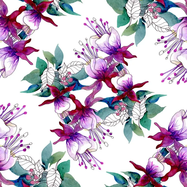 Vzor Fialové Květy Ruka Natažený Listů Akvarel Pozvánky — Stock fotografie