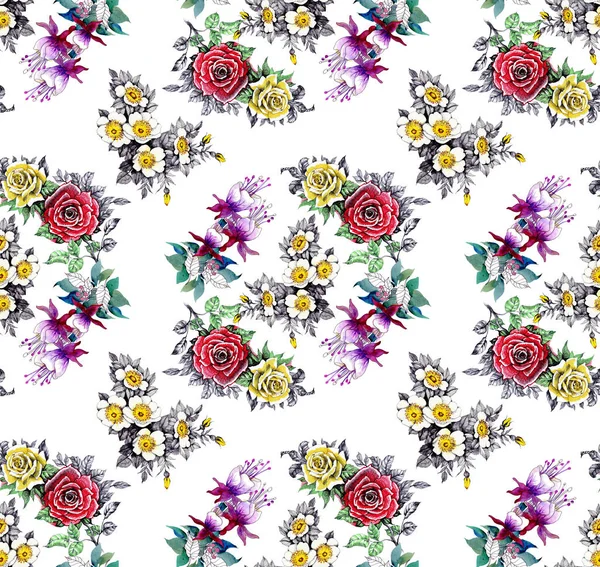 Watercolor seamless pattern with beautiful roses and wildflowers on white background