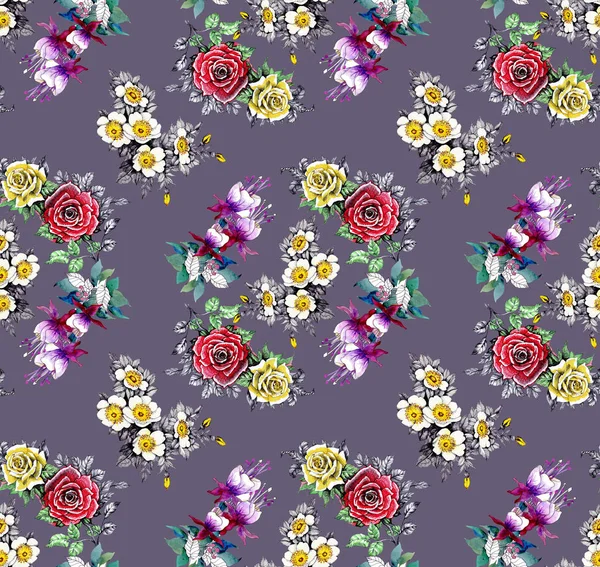 Watercolor Seamless Pattern Beautiful Roses Wildflowers Purple Background — Stock Photo, Image