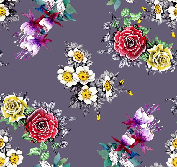 水彩无缝图案与美丽的玫瑰和野花在紫色背景 — 图库照片