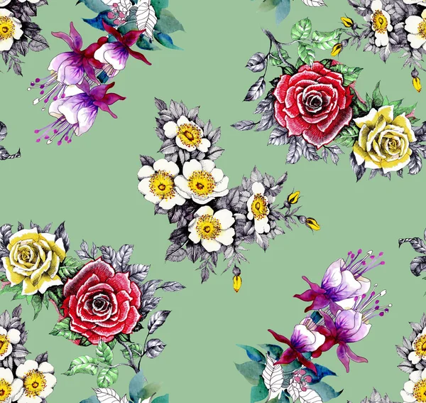 美しいバラの花と緑の背景の野の花水彩画のシームレス パターン — ストック写真