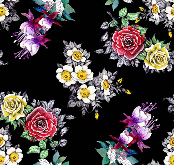 Watercolor seamless pattern with beautiful roses and wildflowers on black background
