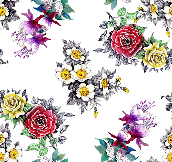Watercolor seamless pattern with beautiful roses and wildflowers on white background