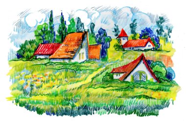 Evleri, suluboya resim manzara