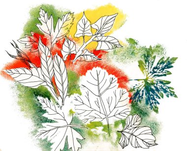 Güzel parlak sonbahar yaprakları. Suluboya sonbahar yaprakları. Suluboya arka plan.