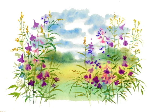 Landschaft Mit Blumen Aquarell Illustration — Stockfoto