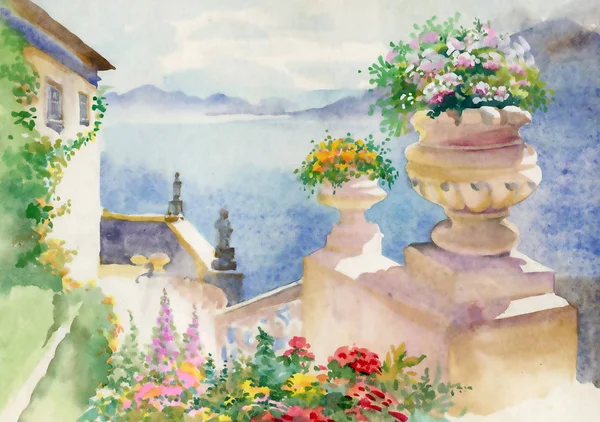 Landscape with houses, watercolor illustration