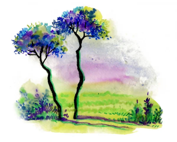 Landschaft Mit Bäumen Aquarellillustration — Stockfoto