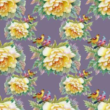 desen güzel sarı gül ve kuşlar 