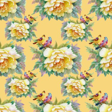 desen güzel sarı gül ve kuşlar 