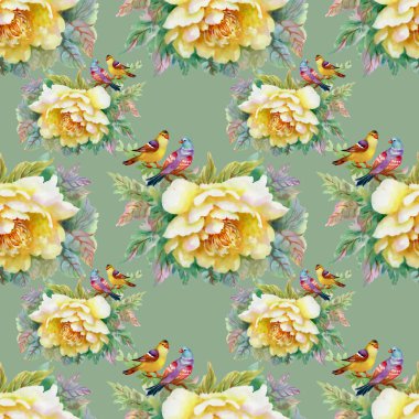 desen güzel sarı gül ve kuşlar 