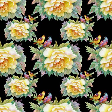 desen güzel sarı gül ve kuşlar 