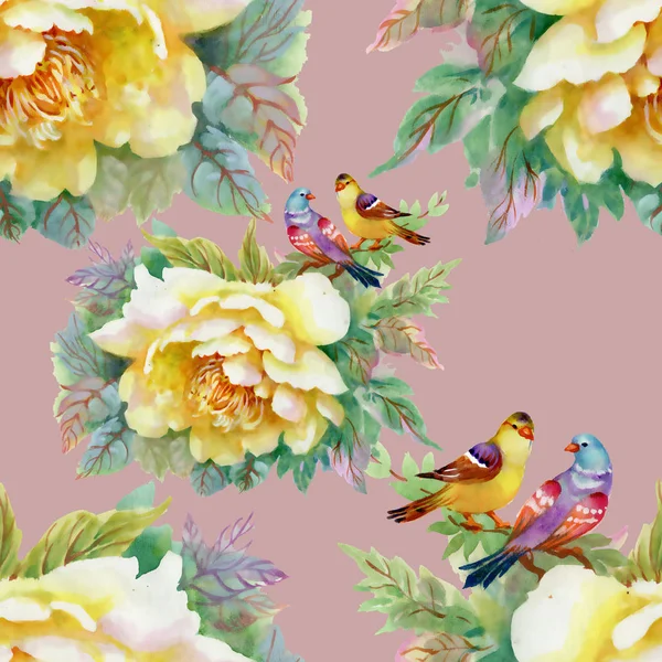 Motif Avec Belles Roses Jaunes Les Oiseaux — Photo